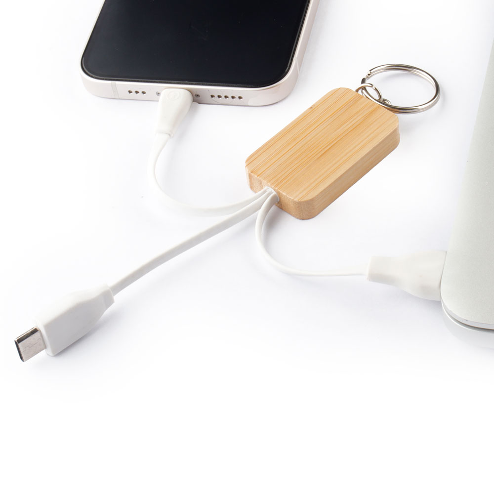 Chaveiro em Bambu com Cabo USB-A para Lightning e Tipo C