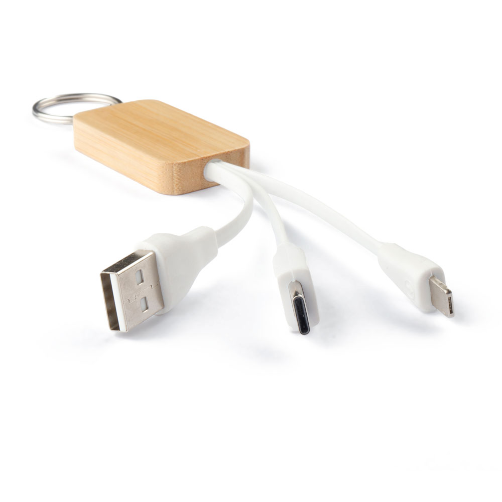 Chaveiro em Bambu com Cabo USB-A para Lightning e Tipo C