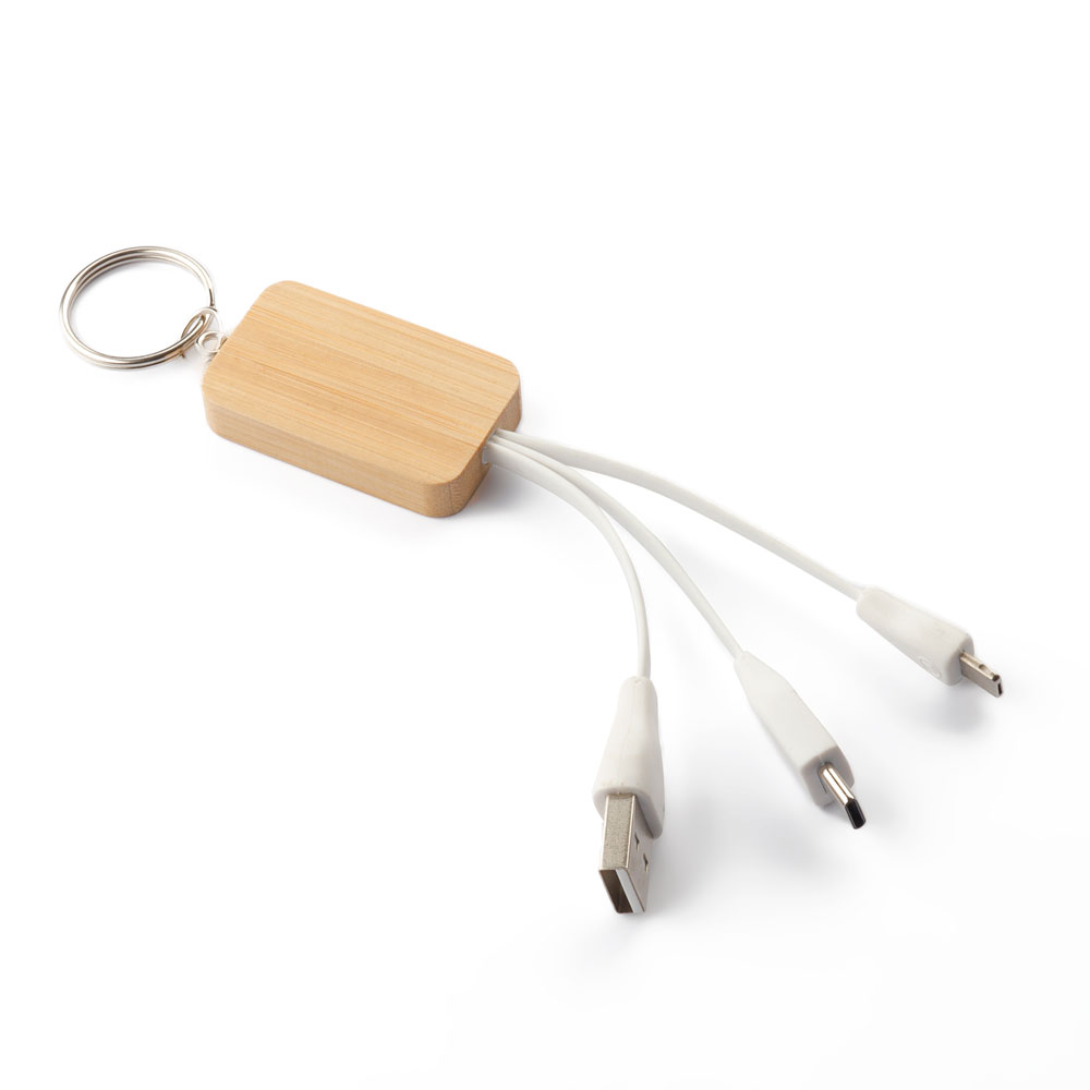 Chaveiro em Bambu com Cabo USB-A para Lightning e Tipo C